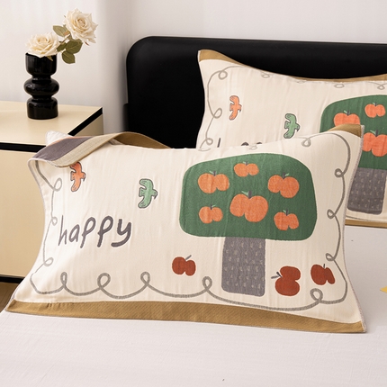 91家纺网 家纺一手货源 找家纺 棠薇家纺 2025新款加厚枕巾全棉纱布枕巾纯棉一对装枕头巾八层纱布枕巾 52*78±2cm 苹果树咖边