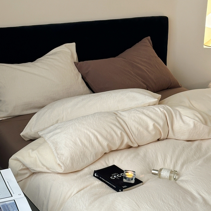 91家纺网 家纺一手货源 找家纺 梦享生活家居 2024新款全棉肌理纹系列四件套-素写 素写-奶白+咖