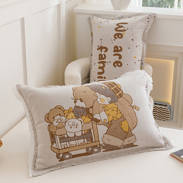 91家纺网 家纺一手货源 找家纺 2024新款韩系四层纱布枕套一对装花边款纯棉纽扣款枕套 小熊超市