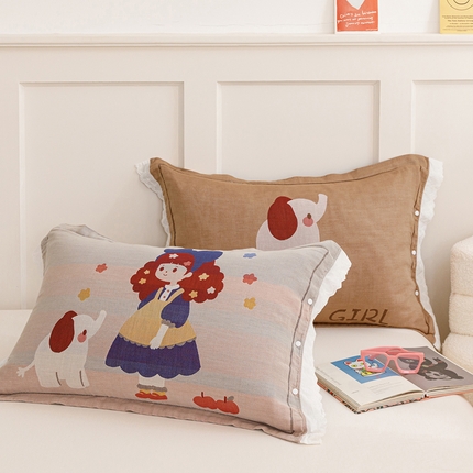 91家纺网 家纺一手货源 找家纺 （总）2024新款韩系四层纱布枕套一对装花边款纯棉纽扣款枕套