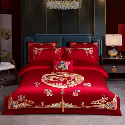 91家纺网 家纺一手货源 找家纺 美娘阁 2025新款长绒棉贡缎提花款新中式古典韵味精美刺绣婚庆四件套多件套 锦绣前程