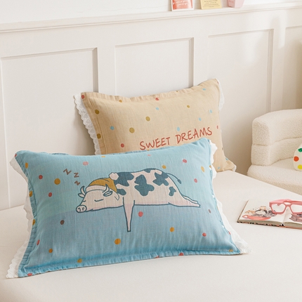 91家纺网 家纺一手货源 找家纺 （总）2024新款韩系四层纱布枕套一对装花边款纯棉纽扣款枕套