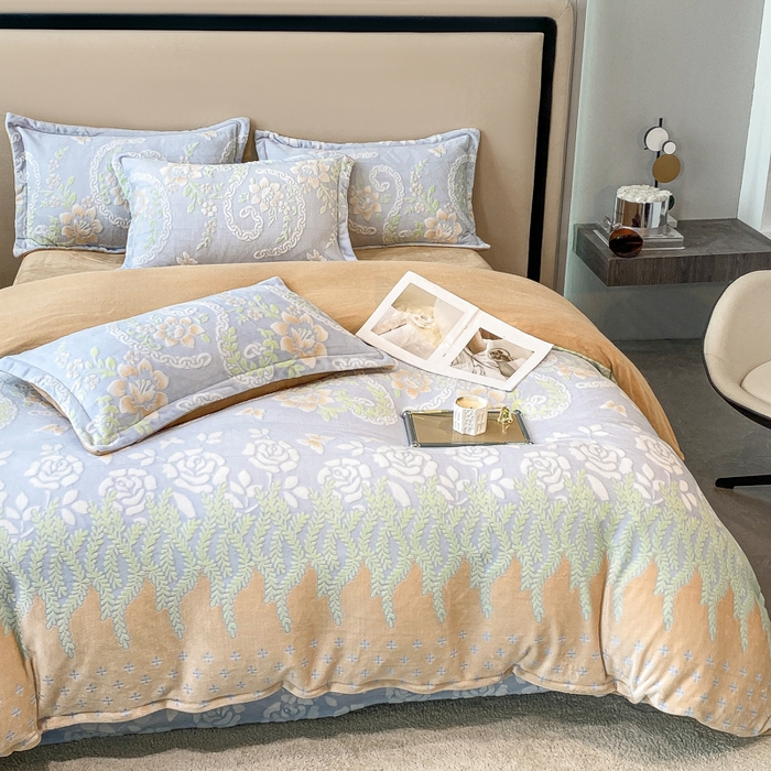 91家纺网 家纺一手货源 找家纺 金喜 2024新款加厚保暖230克高克重牛奶绒四件套雕花绒四件套-牛奶绒雕花系列 春风来过