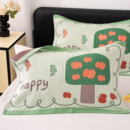 棠薇家纺 2025新款加厚枕巾全棉纱布枕巾纯棉一对装枕头巾八层纱布枕巾 52*78±2cm 苹果树绿