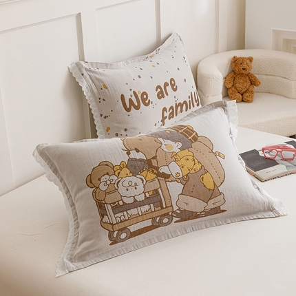 91家纺网 家纺一手货源 找家纺 （总）2024新款韩系四层纱布枕套一对装花边款纯棉纽扣款枕套