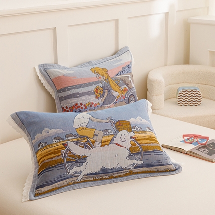 91家纺网 家纺一手货源 找家纺 （总）2024新款韩系四层纱布枕套一对装花边款纯棉纽扣款枕套