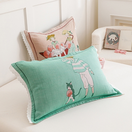 91家纺网 家纺一手货源 找家纺 （总）2024新款韩系四层纱布枕套一对装花边款纯棉纽扣款枕套