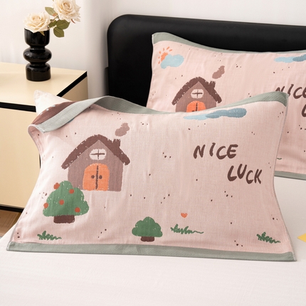 棠薇家纺 2025新款加厚枕巾全棉纱布枕巾纯棉一对装枕头巾八层纱布枕巾 52*78±2cm 小房子粉