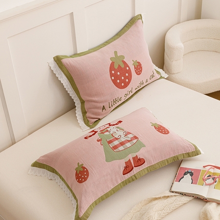 91家纺网 家纺一手货源 找家纺 （总）2024新款韩系四层纱布枕套一对装花边款纯棉纽扣款枕套