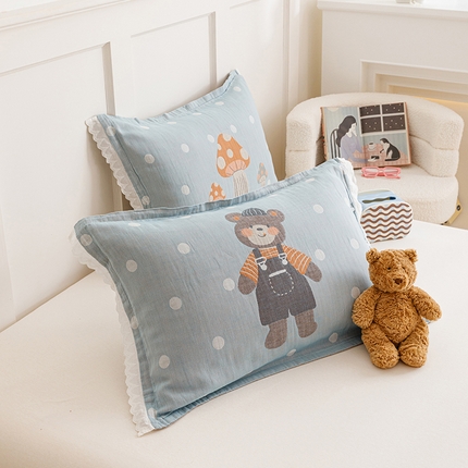 91家纺网 家纺一手货源 找家纺 （总）2024新款韩系四层纱布枕套一对装花边款纯棉纽扣款枕套