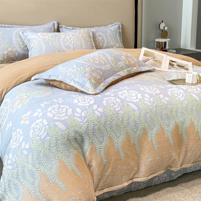 91家纺网 家纺一手货源 找家纺 金喜 2024新款加厚保暖230克高克重牛奶绒四件套雕花绒四件套-牛奶绒雕花系列 春风来过