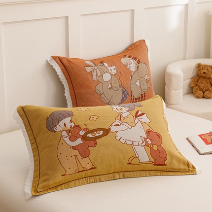 91家纺网 家纺一手货源 找家纺 （总）2024新款韩系四层纱布枕套一对装花边款纯棉纽扣款枕套