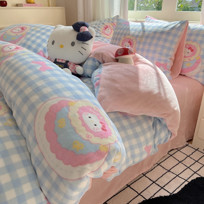 91家纺网 家纺一手货源 找家纺 顾里家纺 2024新款加厚牛奶绒ins奶油治愈系少女心保暖四件套系列-风格二 蛋糕花猫