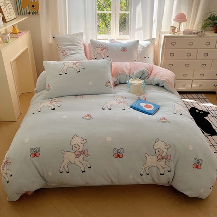 91家纺网 家纺一手货源 找家纺 （总）顾里家纺 2024新款加厚牛奶绒ins奶油治愈系少女心保暖四件套系列-风格二