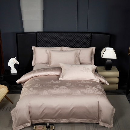 淳绵家居 2024新款50*50S双股长绒棉大版定位提花四件套 亭香叶影-香槟色