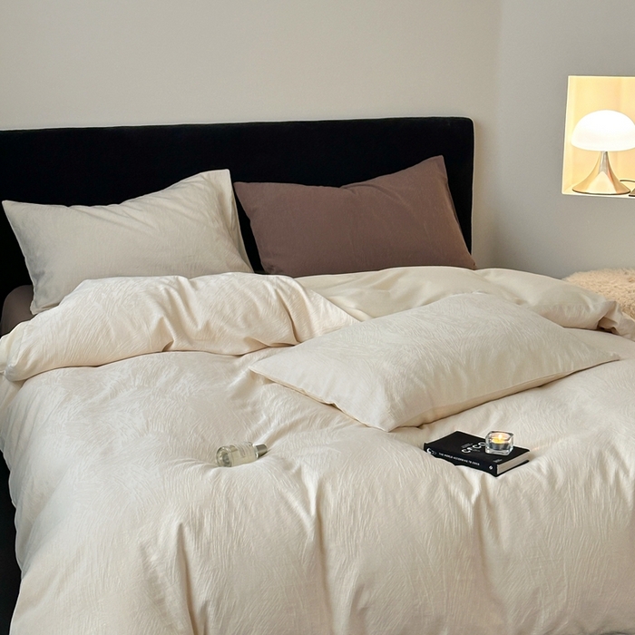 91家纺网 家纺一手货源 找家纺 梦享生活家居 2024新款全棉肌理纹系列四件套-素写 素写-奶白+咖