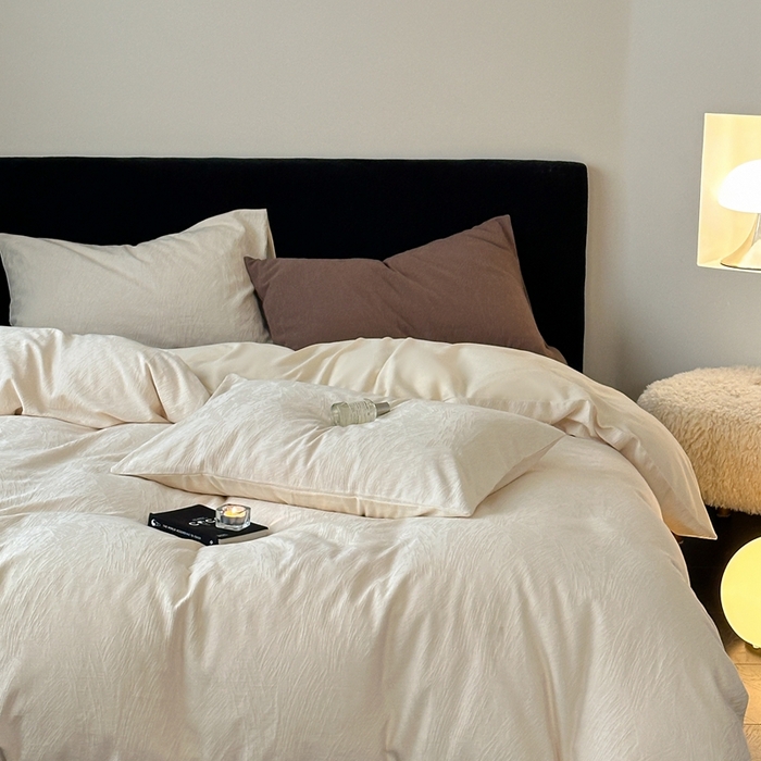 91家纺网 家纺一手货源 找家纺 梦享生活家居 2024新款全棉肌理纹系列四件套-素写 素写-奶白+咖