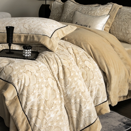 馨蕊家居 2024秋冬轻奢煦暖绒高精密刺绣绒枝叶系列四件套 枝叶-奶咖