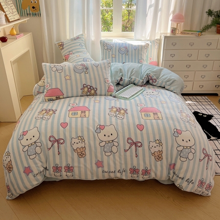 91家纺网 家纺一手货源 找家纺 （总）顾里家纺 2024新款加厚牛奶绒ins奶油治愈系少女心保暖四件套系列-风格二