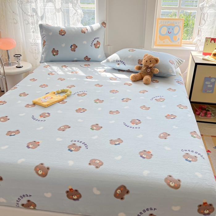 91家纺网 家纺一手货源 找家纺 吉象家纺 2024新款牛奶绒卡通印花单床笠 领带熊