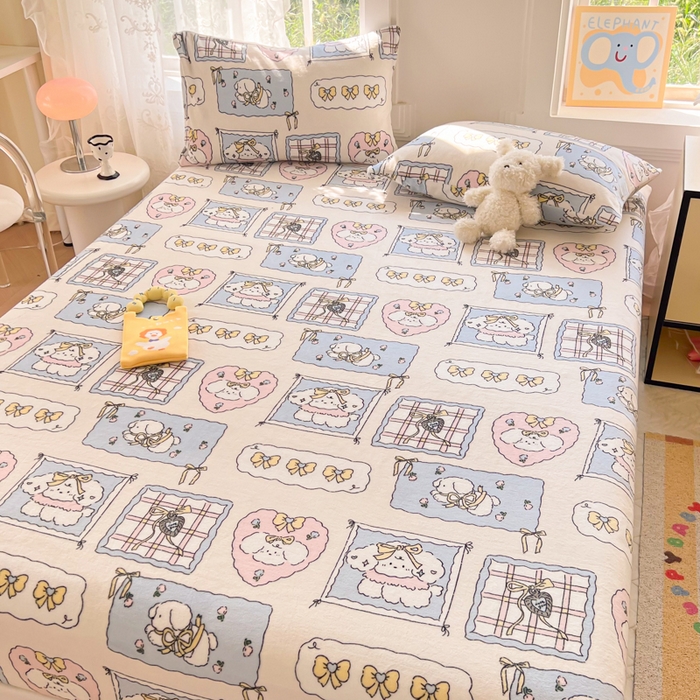 91家纺网 家纺一手货源 找家纺 吉象家纺 2024新款牛奶绒卡通印花单床笠 卡哇伊狗狗