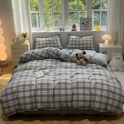 91家纺网 家纺一手货源 找家纺 水墨江南 2024新款水洗棉四件套 细密灰格