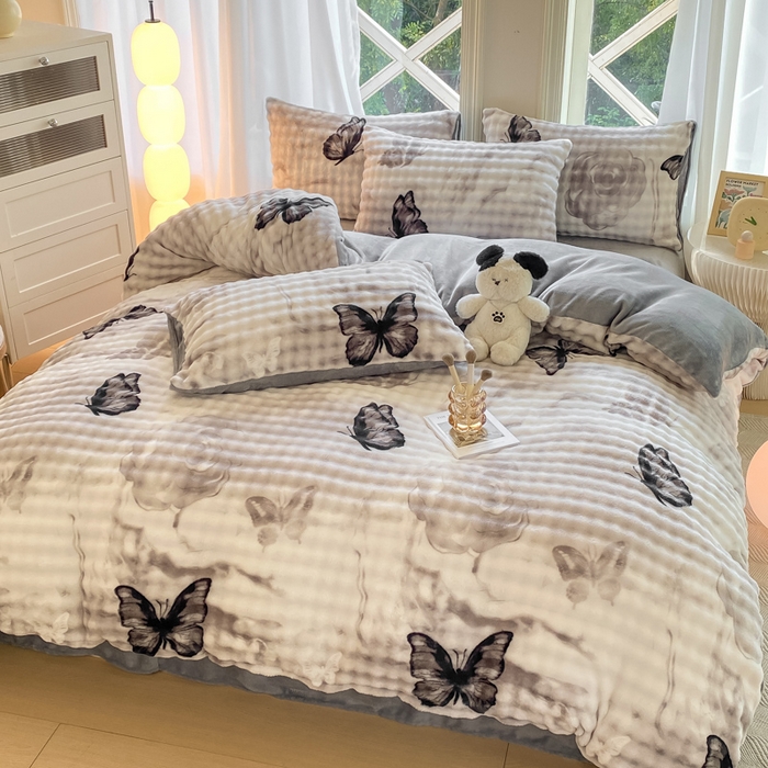 91家纺网 家纺一手货源 找家纺 仟网汇 2024爆款牛奶绒泡泡绒兔毛绒四件套 泡泡绒-蝶影灰