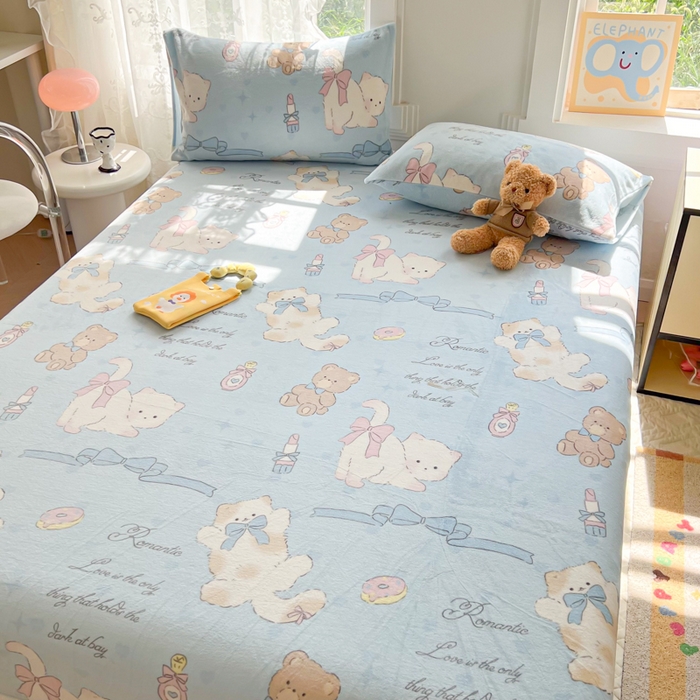 91家纺网 家纺一手货源 找家纺 吉象家纺 2024新款牛奶绒卡通印花单床笠 元气猫咪