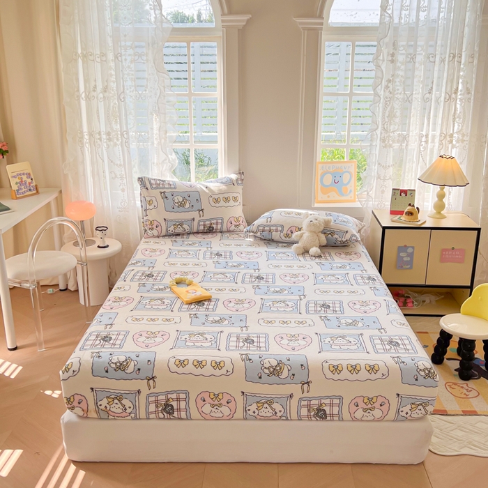 91家纺网 家纺一手货源 找家纺 吉象家纺 2024新款牛奶绒卡通印花单床笠 卡哇伊狗狗