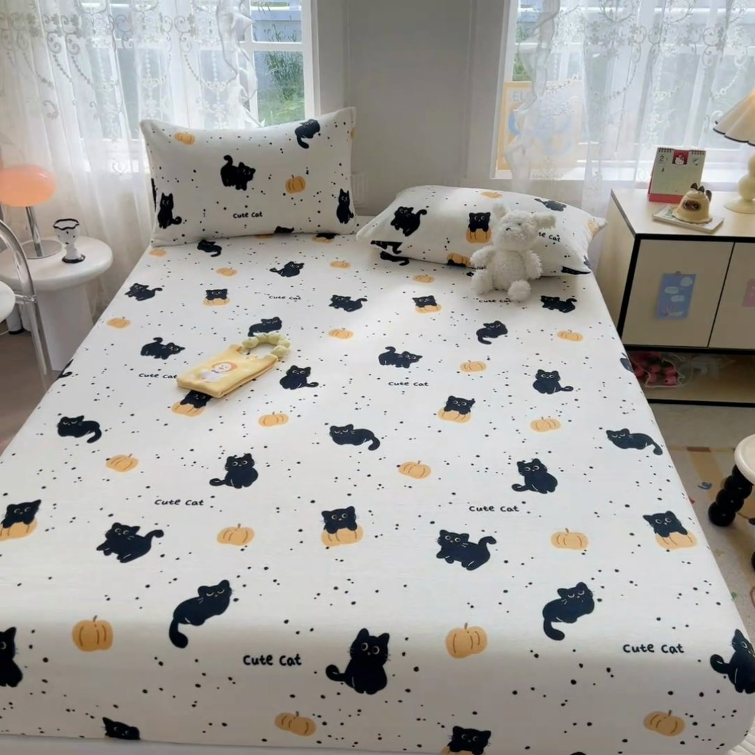 91家纺网 家纺一手货源 找家纺 吉象家纺 2024新款牛奶绒卡通印花单床笠 南瓜猫