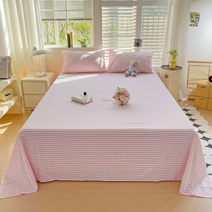 91家纺网 家纺一手货源 找家纺 水墨江南 2024新款水洗棉单床单系列 玫红条