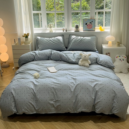 91家纺网 家纺一手货源 找家纺 水墨江南 2024新款水洗棉四件套 灰蓝波点