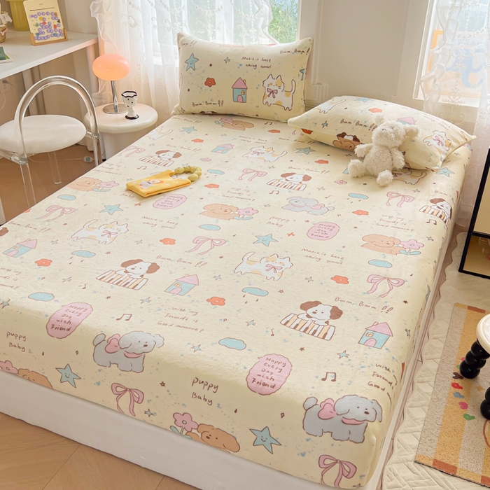 91家纺网 家纺一手货源 找家纺 吉象家纺 2024新款牛奶绒卡通印花单床笠 动物聚会趴