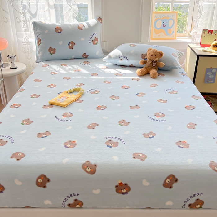 91家纺网 家纺一手货源 找家纺 吉象家纺 2024新款牛奶绒卡通印花单床笠 领带熊