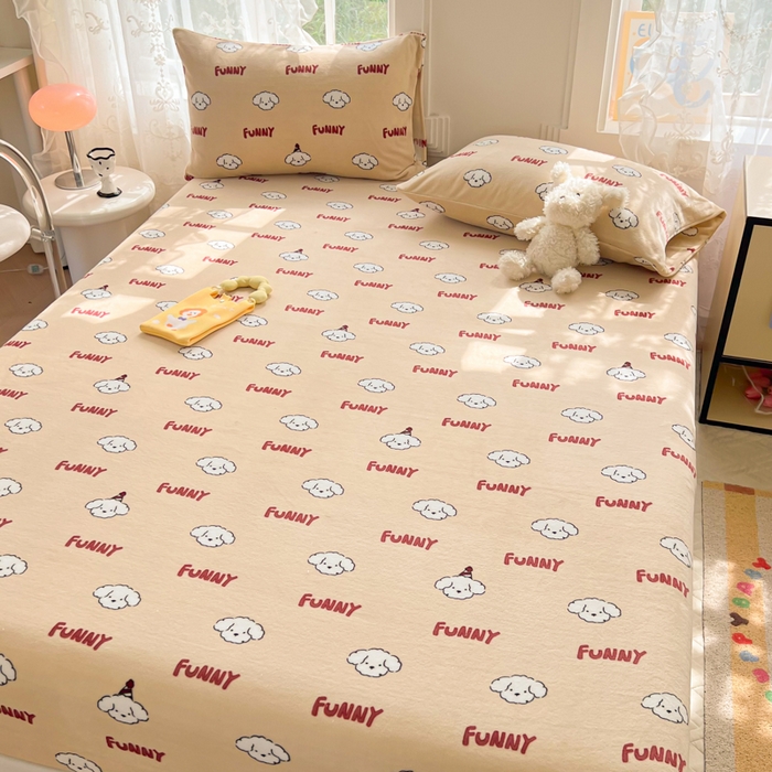 91家纺网 家纺一手货源 找家纺 吉象家纺 2024新款牛奶绒卡通印花单床笠 乐趣狗