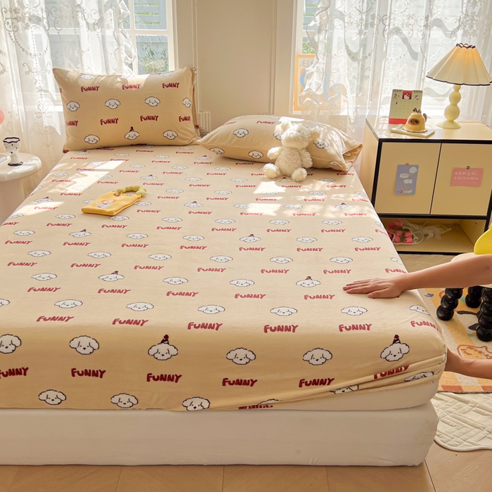 91家纺网 家纺一手货源 找家纺 吉象家纺 2024新款牛奶绒卡通印花单床笠 乐趣狗