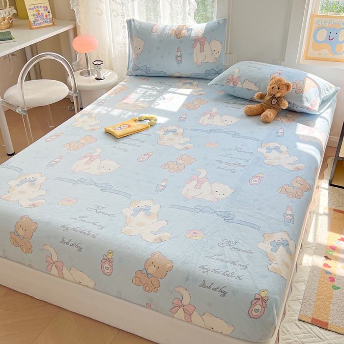 91家纺网 家纺一手货源 找家纺 吉象家纺 2024新款牛奶绒卡通印花单床笠 元气猫咪