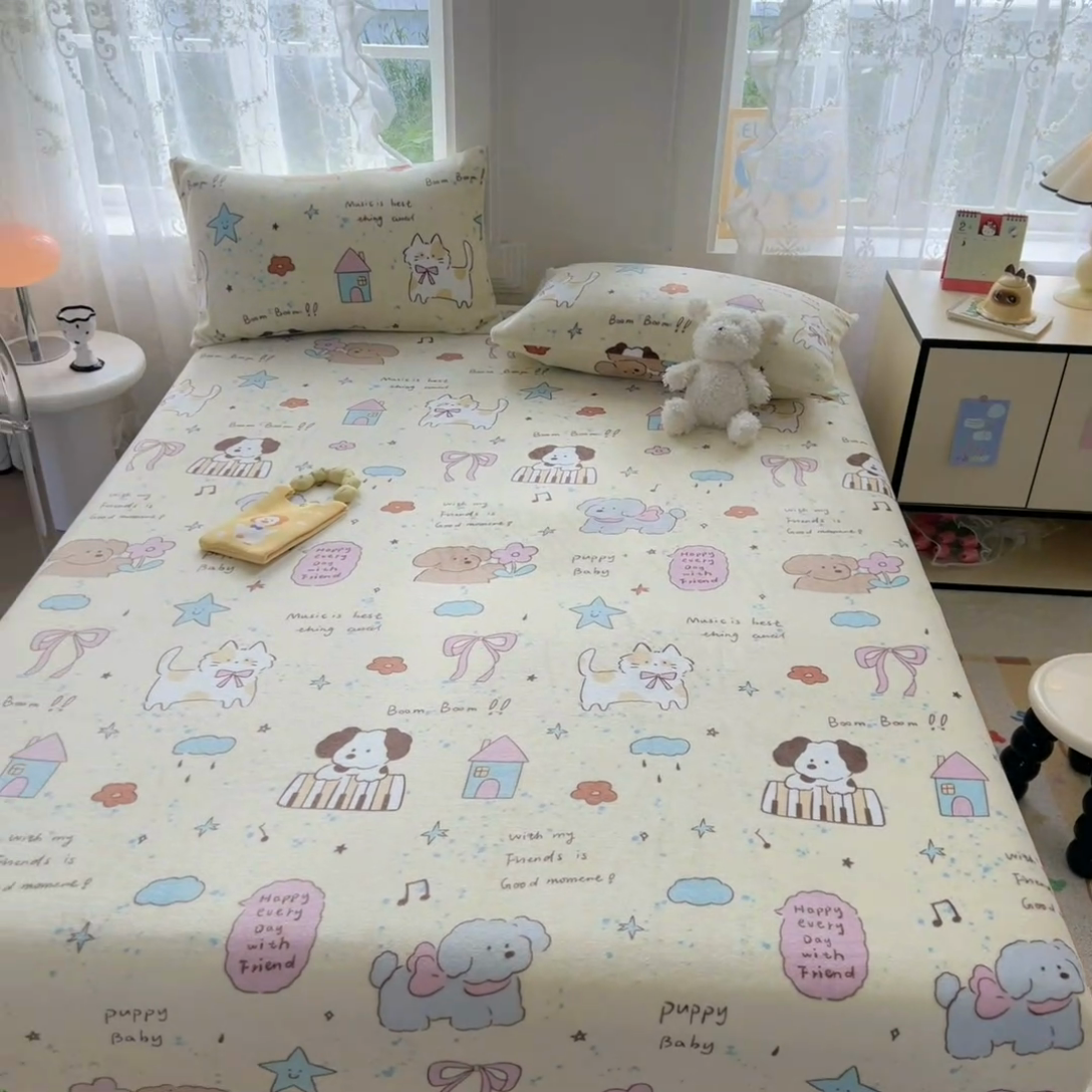 91家纺网 家纺一手货源 找家纺 吉象家纺 2024新款牛奶绒卡通印花单床笠 动物聚会趴