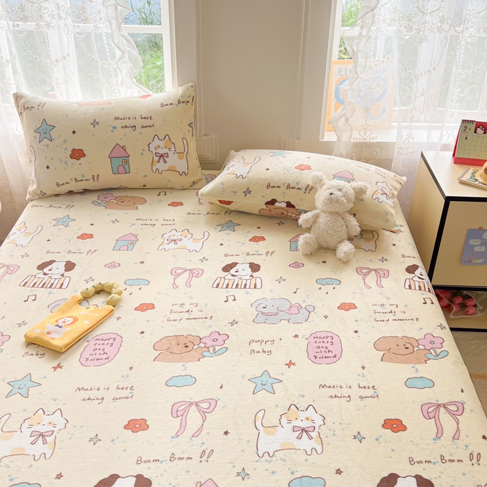 91家纺网 家纺一手货源 找家纺 吉象家纺 2024新款牛奶绒卡通印花单床笠 动物聚会趴