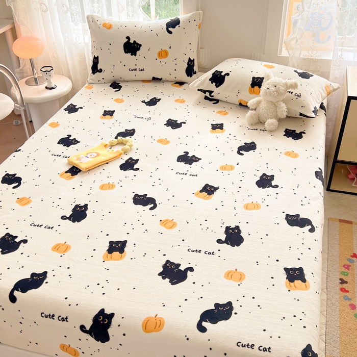 91家纺网 家纺一手货源 找家纺 吉象家纺 2024新款牛奶绒卡通印花单床笠 南瓜猫