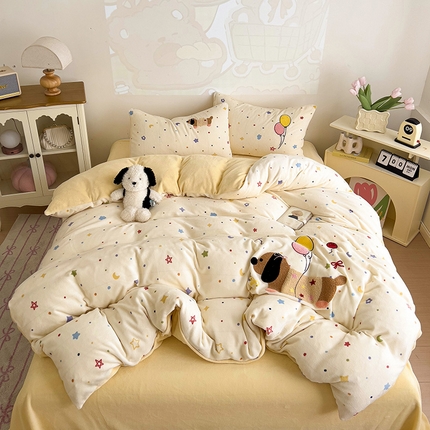 91家纺网 家纺一手货源 找家纺 （总）乐童家纺 2024新款高克重牛奶绒小清新印＋绣系列四件套