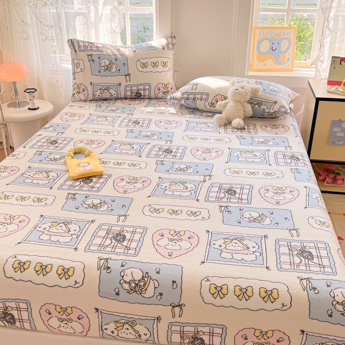 91家纺网 家纺一手货源 找家纺 吉象家纺 2024新款牛奶绒卡通印花单床笠 卡哇伊狗狗