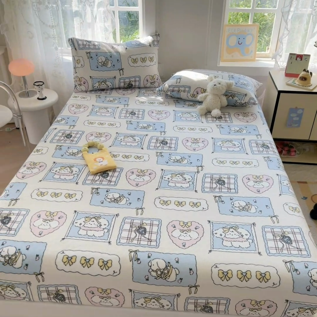 91家纺网 家纺一手货源 找家纺 吉象家纺 2024新款牛奶绒卡通印花单床笠 卡哇伊狗狗