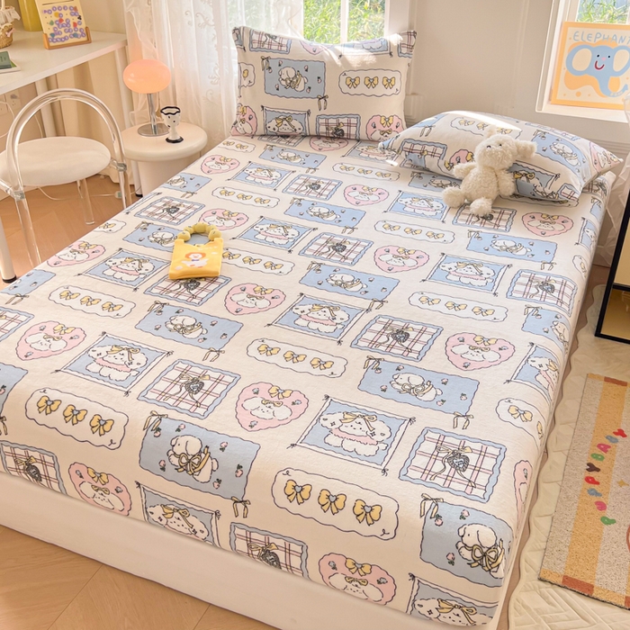 91家纺网 家纺一手货源 找家纺 吉象家纺 2024新款牛奶绒卡通印花单床笠 卡哇伊狗狗