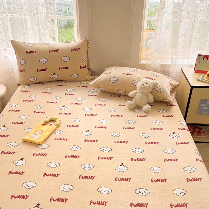 91家纺网 家纺一手货源 找家纺 吉象家纺 2024新款牛奶绒卡通印花单床笠 乐趣狗