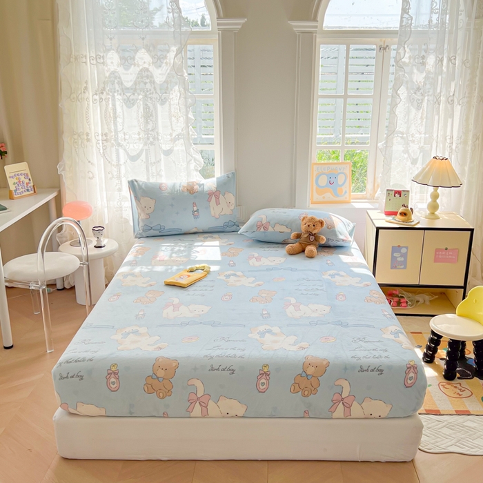 91家纺网 家纺一手货源 找家纺 吉象家纺 2024新款牛奶绒卡通印花单床笠 元气猫咪