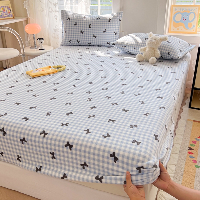 91家纺网 家纺一手货源 找家纺 吉象家纺 2024新款牛奶绒卡通印花单床笠 蝴蝶结