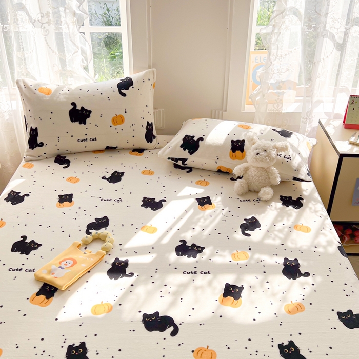 91家纺网 家纺一手货源 找家纺 吉象家纺 2024新款牛奶绒卡通印花单床笠 南瓜猫