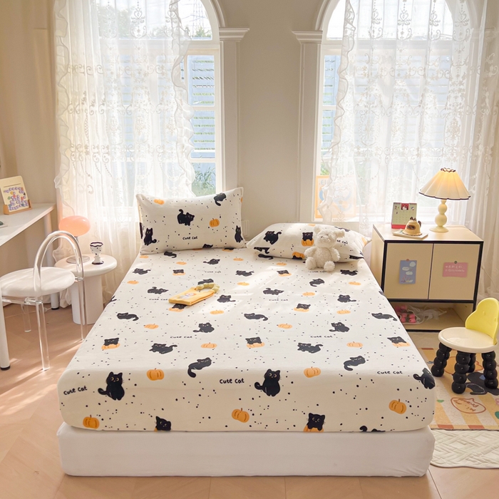 91家纺网 家纺一手货源 找家纺 吉象家纺 2024新款牛奶绒卡通印花单床笠 南瓜猫