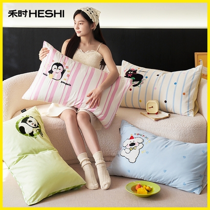 （总）禾时 2024新款全棉纯棉印花刺绣枕套单人卡通枕头套内胆套